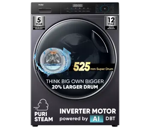 Haier 8 kg Super Drum 525, Puri steam & Refresh Fully Automatic Front Load Washing Machine with In-built Heater