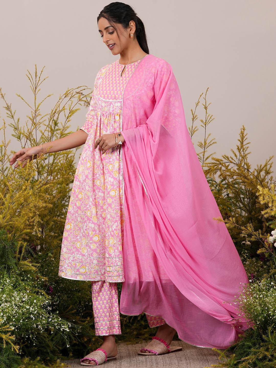 Buy Libas Womens Pink Yoke Design Cotton Anarkali Kurta With Trousers & Dupatta - - Apparel for Women