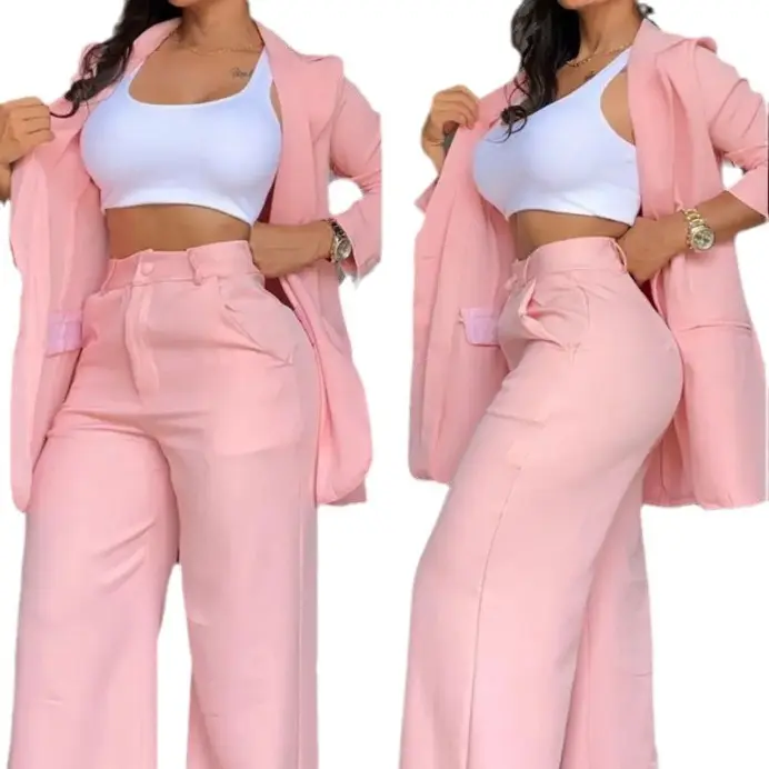 Elegant Pink Button Business Suit Set Women Formal Blazer and Pants Set Office Lady 2 Piece Outfit Anti-pilling Women Sets